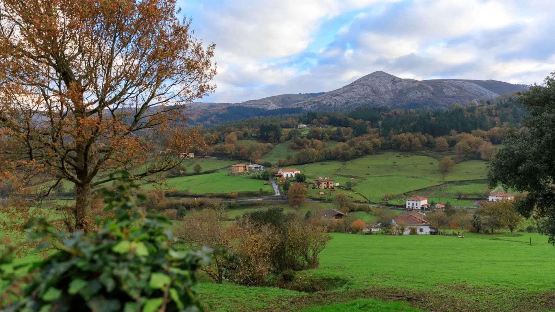 Prados verdes y caseríos del valle de Karrantza al atardecer